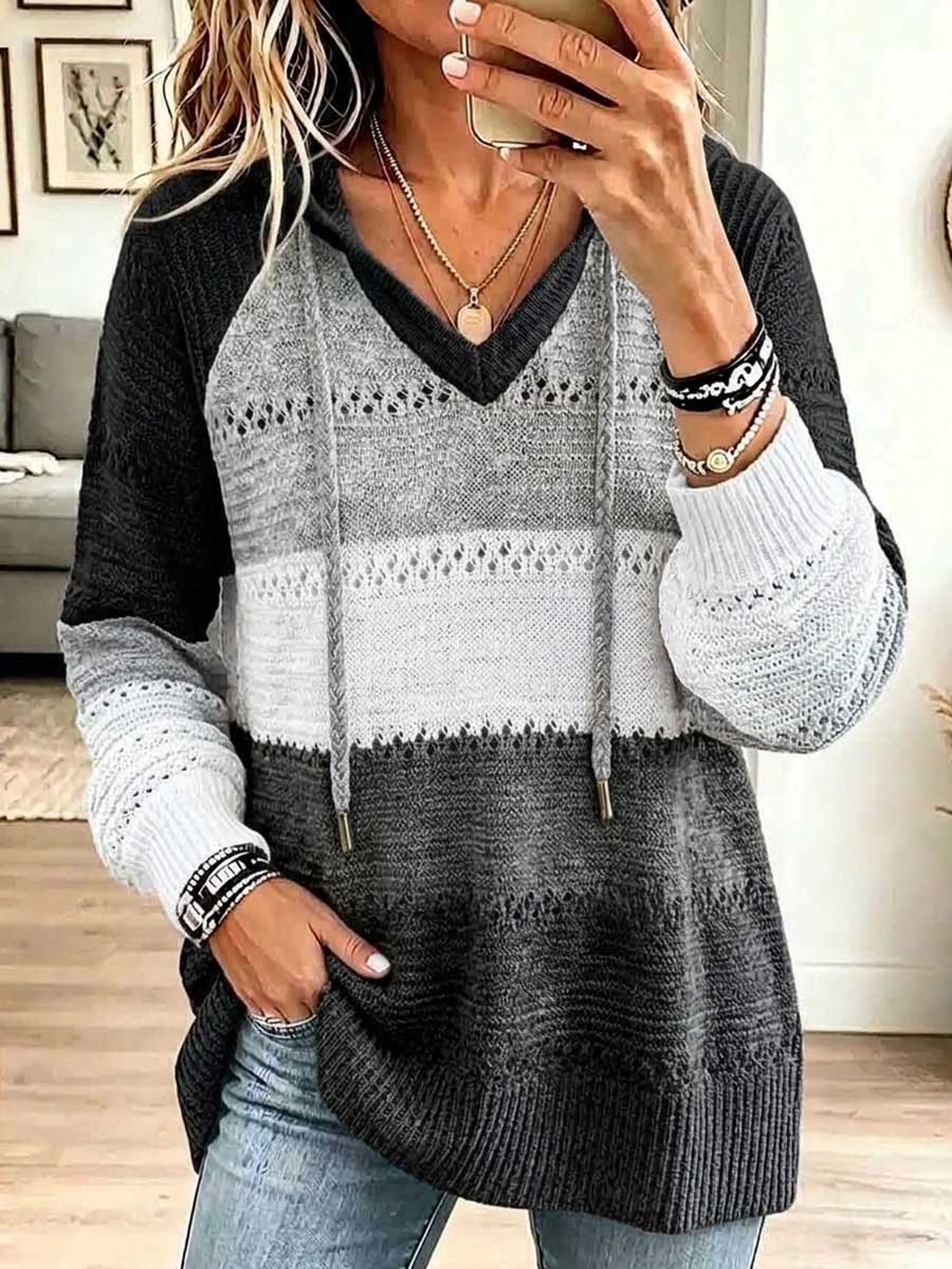 Women's Color-blocked V-neck Long-sleeved Casual Loose Knit Hooded Pullover