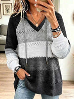 Women's Color-blocked V-neck Long-sleeved Casual Loose Knit Hooded Pullover