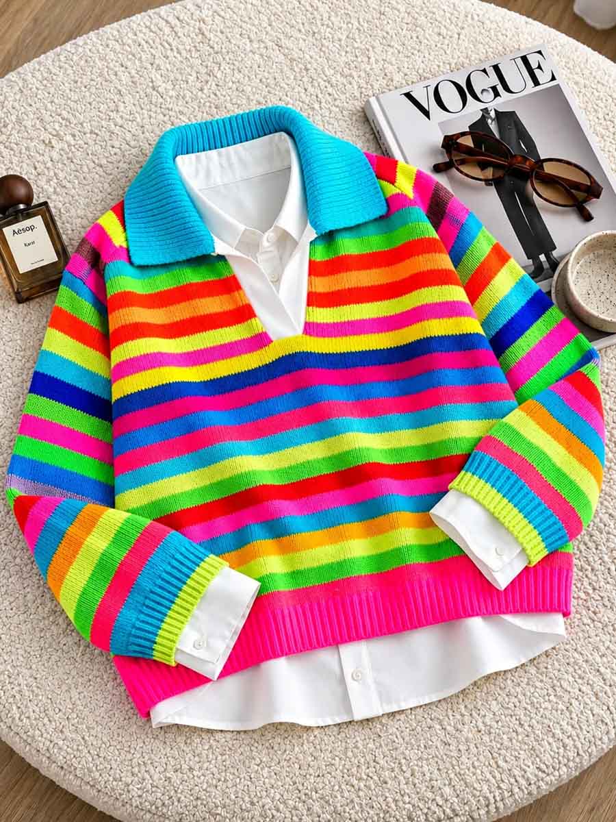 Women's Colorful Rainbow Striped V-neck Polo Sweater