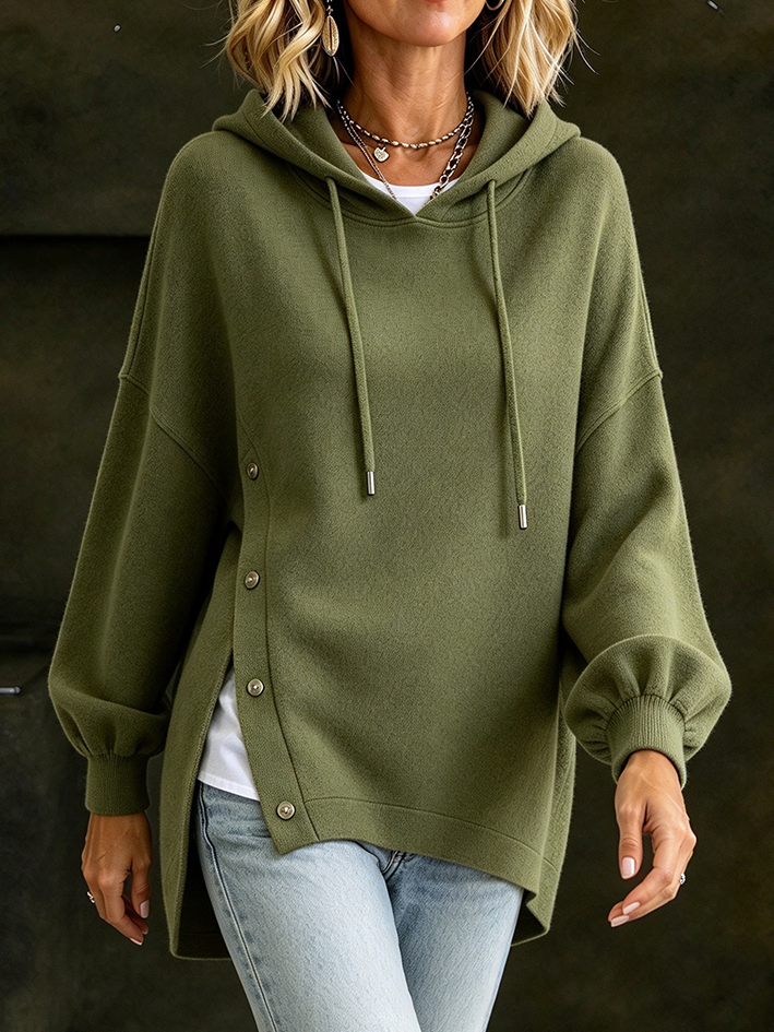 Olive Green Asymmetric Button Hooded Cotton Sweatshirt