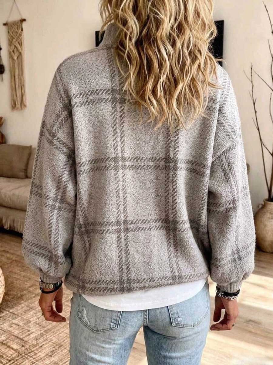 Women's Casual Plaid Stand Collar Zip-up Knit Cardigan