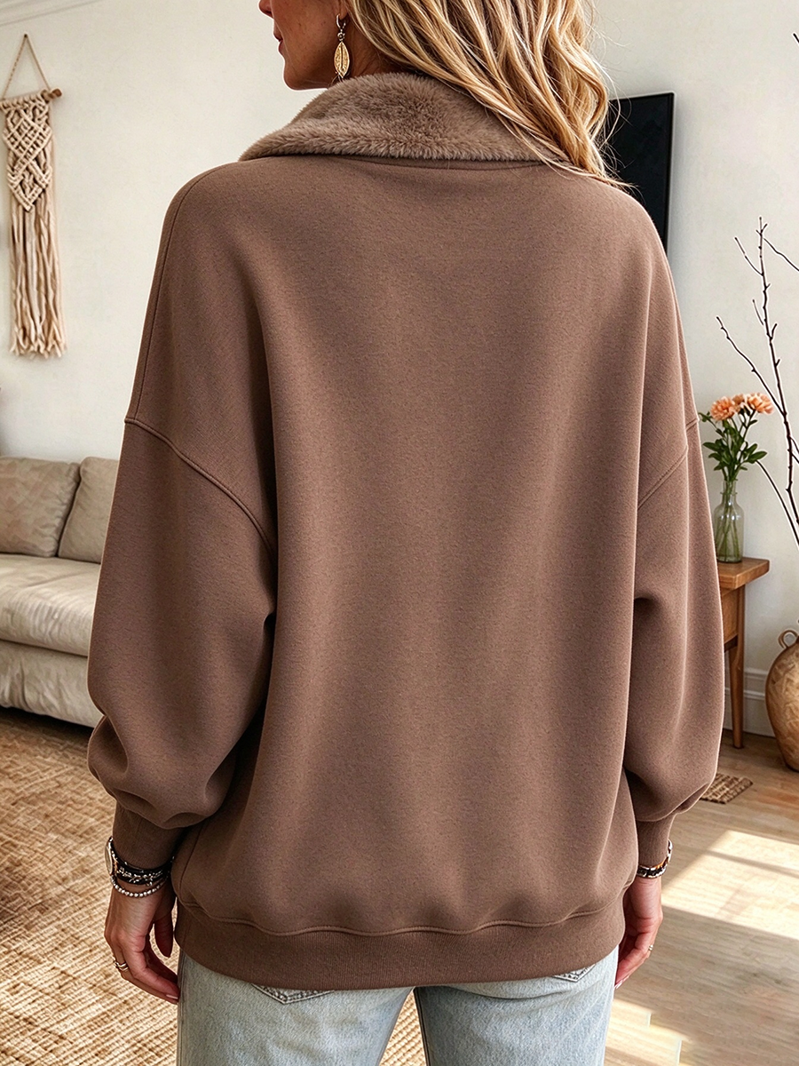 Relaxed Boho Faux Fur Collar Brown Sweatshirt Pullover