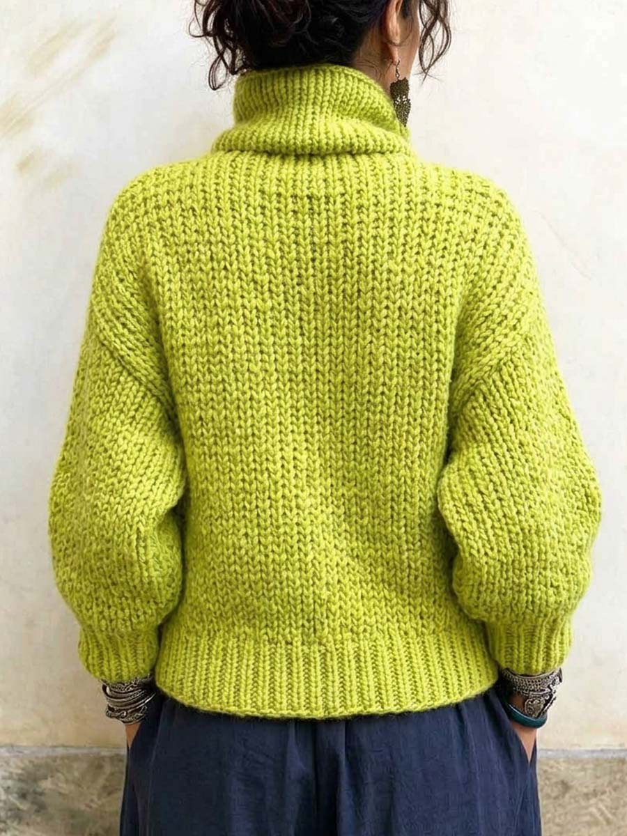 Chunky Knit Asymmetrical Zip-Up Turtleneck Sweater