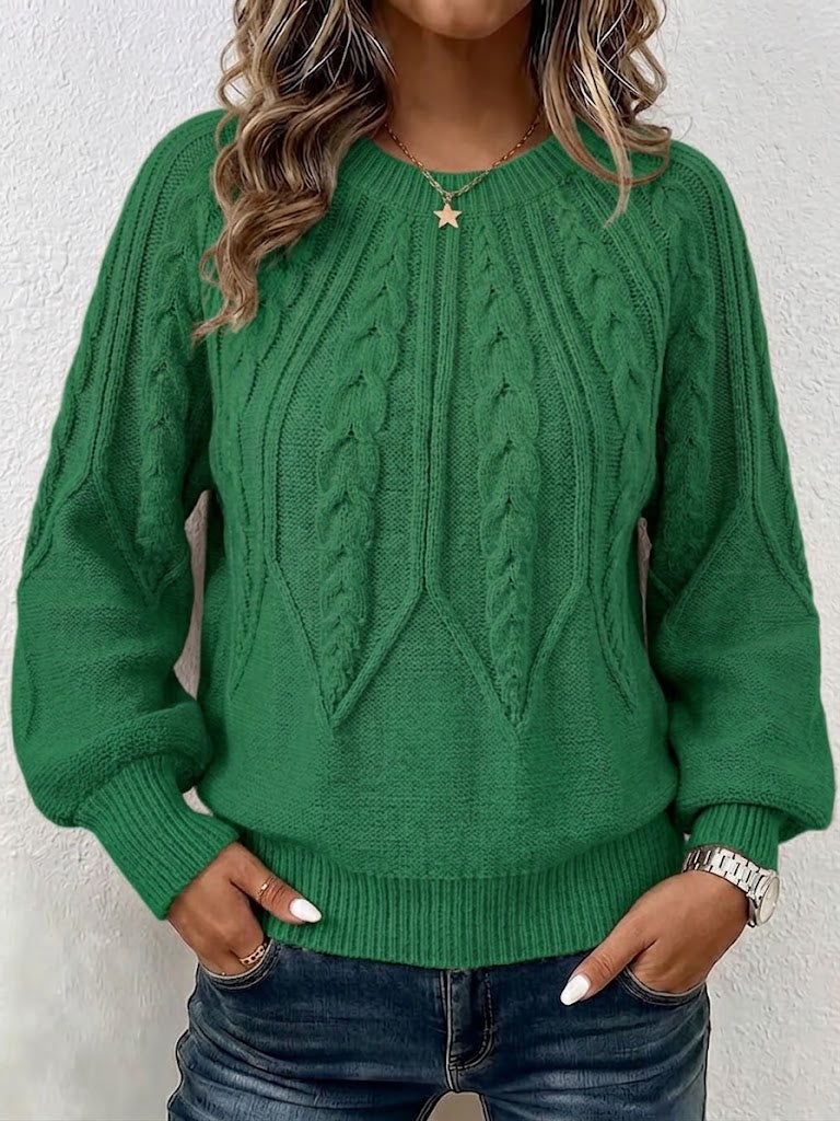 Vertical Cable Knit Raglan Balloon‑sleeve Crew Neck Sweater