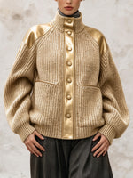 Chic Knit Jacket With Metallic Faux-leather Panels