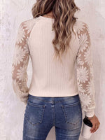 Women's Solid Color Round Neck Lace Trim Long Sleeve Casual Loose Pullover Knit Top
