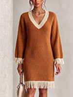 Color-block V-neck Fringed Knit Dress