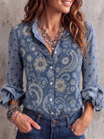 Women's Retro Print Patchwork Polka Dot Print Lapel Ruffled Long Sleeve Casual Loose Shirt