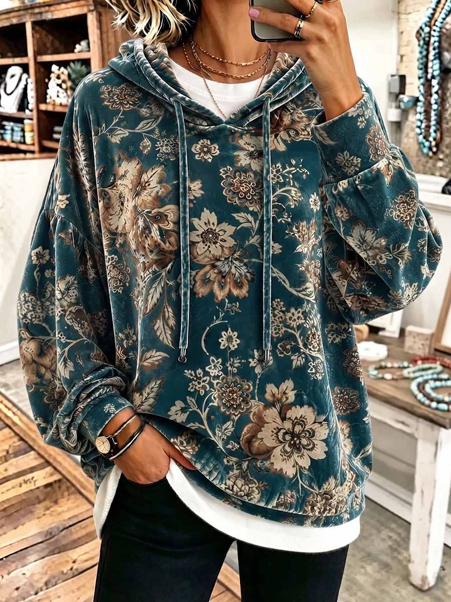 Women's Retro Print Casual Loose Long Sleeve Hooded Pullover Velvet Top