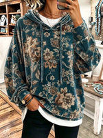 Women's Retro Print Casual Loose Long Sleeve Hooded Pullover Velvet Top