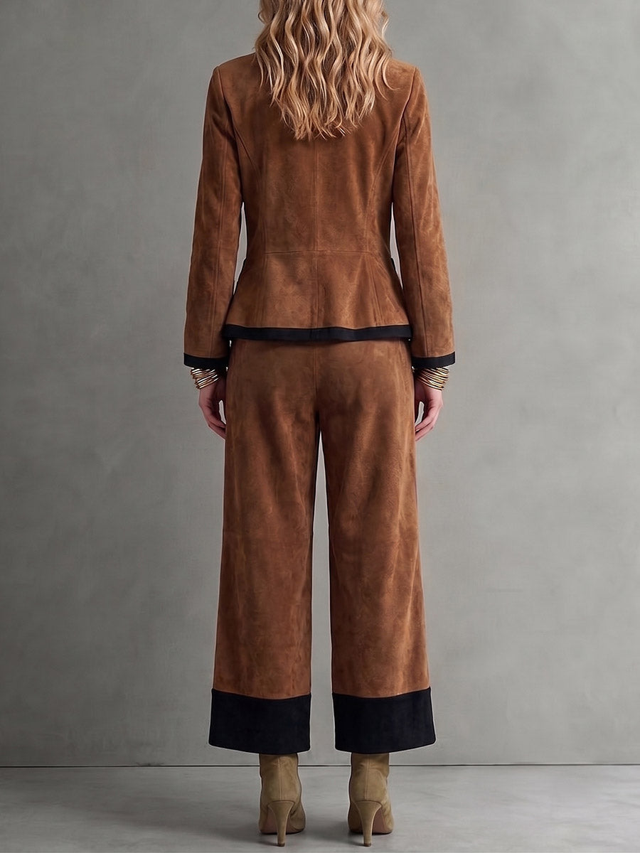 Women's Round Neck Long Sleeve Casual Loose Faux Suede Top And High Waist Wide Leg Pants Color Block Suit