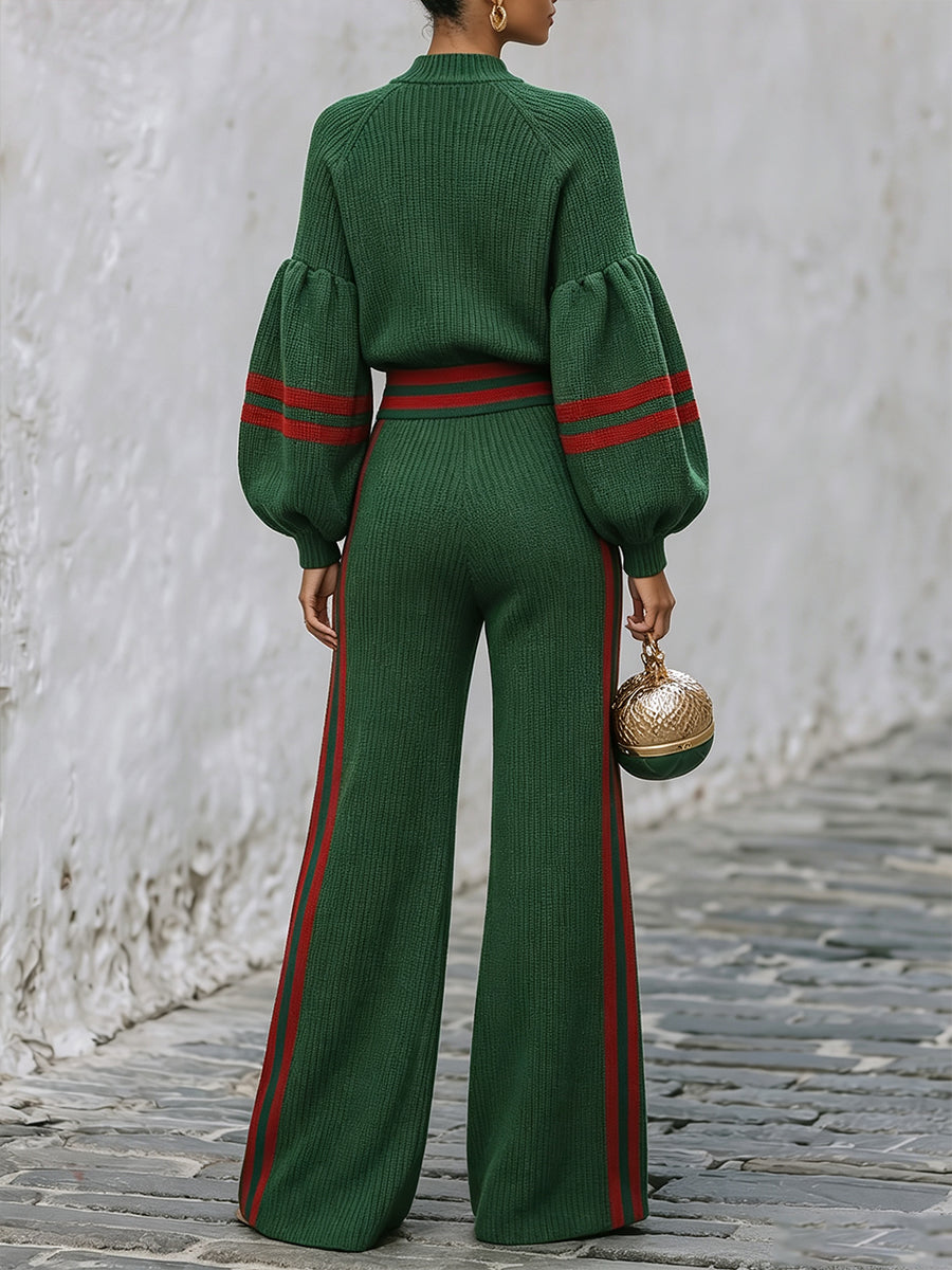 Chic Emerald Green Striped Wide-Leg Knit Pants