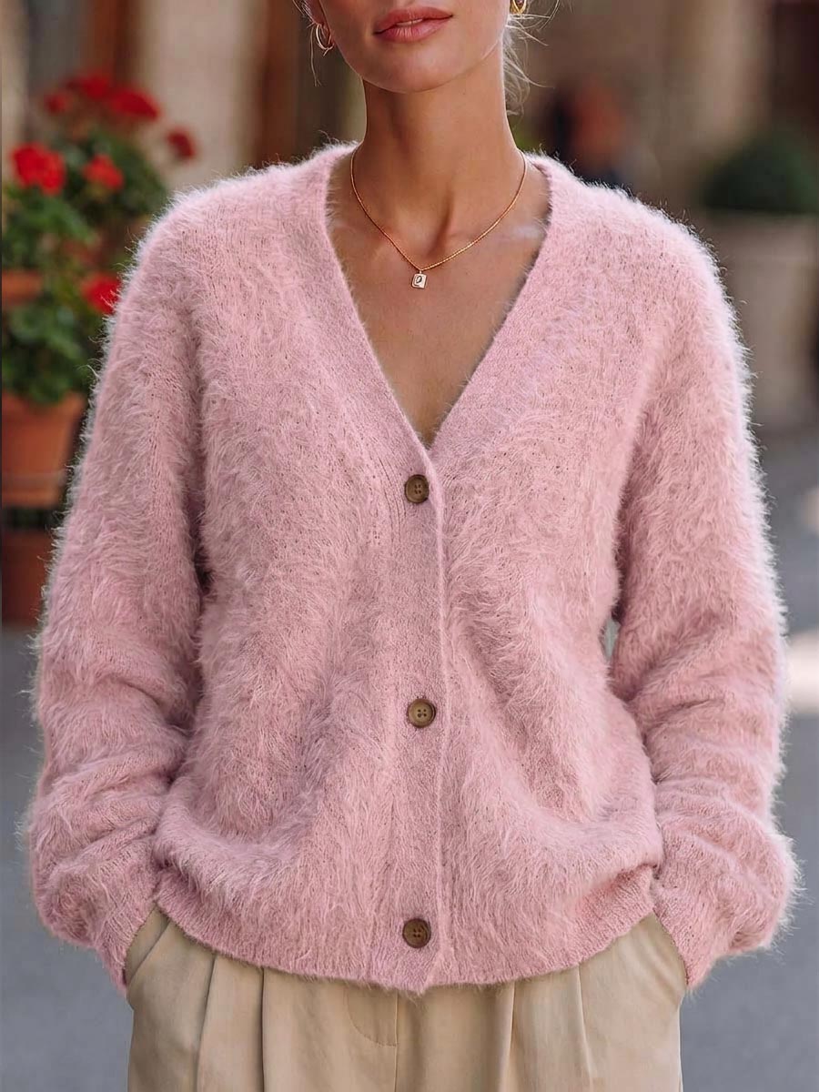 Women's Solid Color V-neck Long Sleeve Casual Loose Knit Cardigan