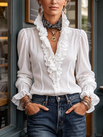 Elegant Ruffle Trim Ruffle Cotton Blend Top