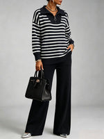 Cozy And Casual Two-piece Set Featuring A Striped Half-zip Knit Pullover And Solid-color Knit Trousers.
