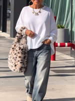 Casual Relaxed White Cotton Long-sleeve Stretch T-shirt
