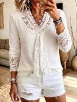 Chic White Lace Tie Waffle Knit Tie-Neck Top