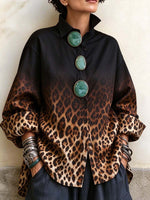 Women's Ombre Leopard Print Oversized Button-Down Shirt.