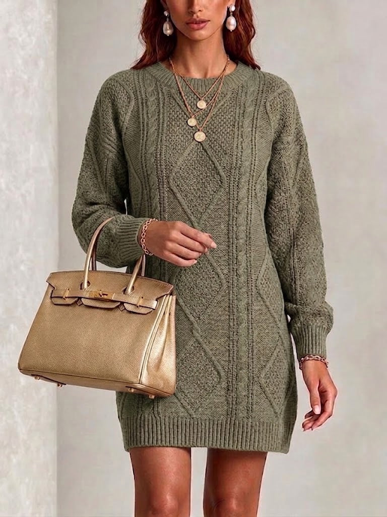 Diamond-cable Knit Knee-length Dress With A Round Neck
