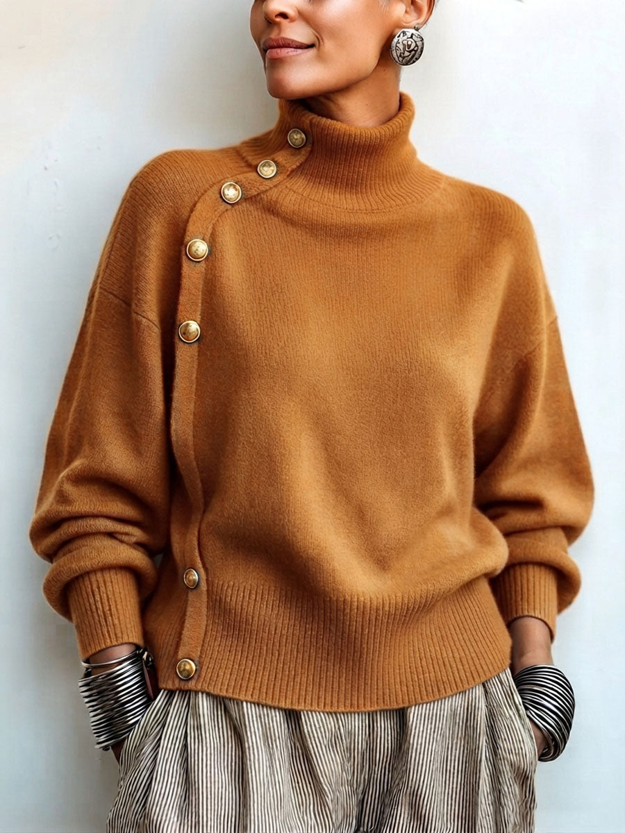 Chic Elegant Asymmetrical Button Turtleneck Sweater