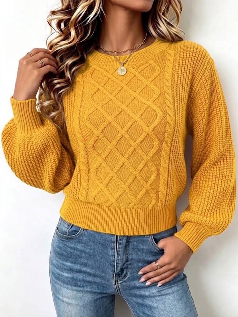 V-neck Argyle Cable-knit Lantern-sleeve Loose Pullover