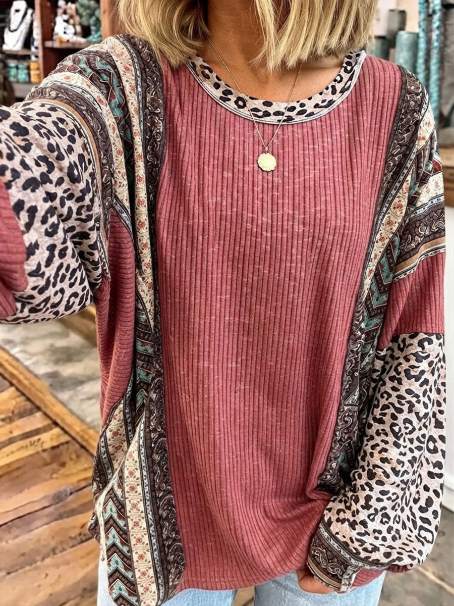 Boho Cozy Oversise Mixed-print Long-sleeve Top