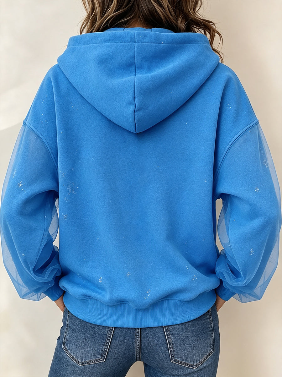 Chic Rhinestone-embellished Hoodie With Sheer Drawstring Sleeves