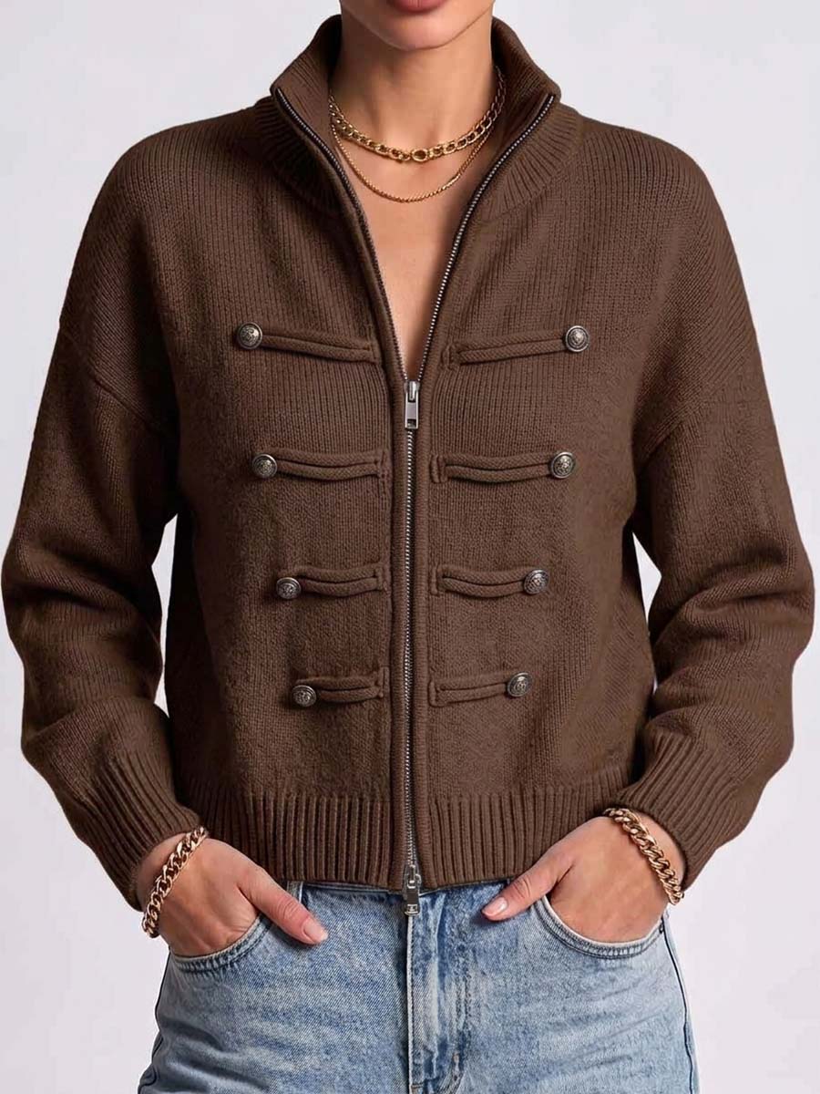 Women's Solid Color Stand Collar Long Sleeve Casual Loose Knit Cardigan