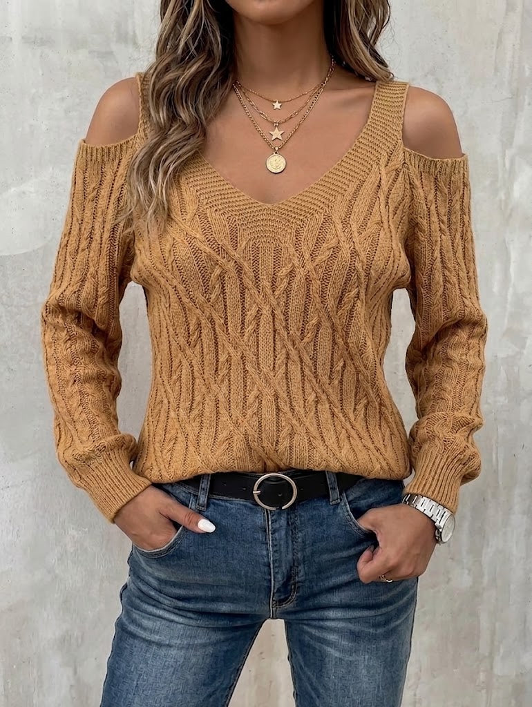 Casual Solid-color Cable-knit Off-shoulder Lantern-sleeve Sweater