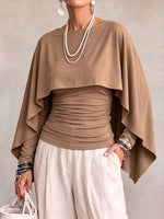 Women's Solid Color Round Neck Long-sleeved Casual Loose Cape-style Top