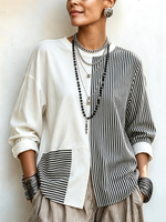 Chic Asymmetric Black And White Striped Statement Top