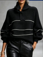 Cozy, Chic Knit Top With A Buttoned Stand Collar And Contrasting Stripes.