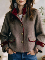 Vintage-style Cropped Herringbone Tweed Jacket With Burgundy Velvet Trim