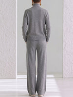 Women's Solid Color Stand Collar Long Sleeve Casual Loose Knit Top And High Waist Wide Leg Pants Knit Set
