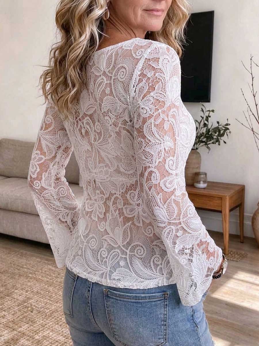 Women's Elegant Floral Lace Twist Front Bell Sleeve Top