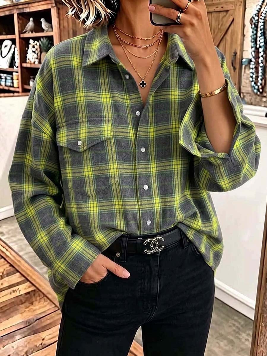 Women's Plaid Print Collared Long-sleeved Casual Loose Shirt