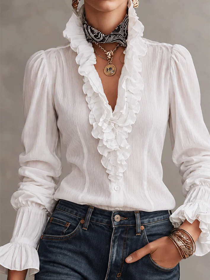 Elegant Ruffle Trim Ruffle Cotton Blend Top