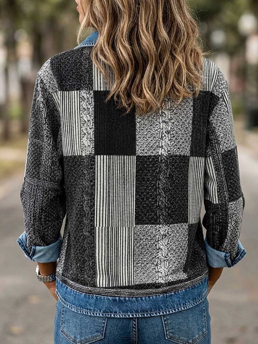 Women’s Long-sleeved Pullover With A Denim-style Collar And Digital-print Paneling