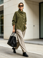 Chic High Funnel Neck Asymmetric Corduroy Top