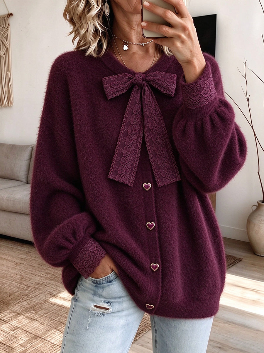 Cozy Bow-Accented Fuzzy Knit Cardigan