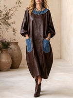 Chic Brown Faux-Leather & Denim Accent Midi Dress