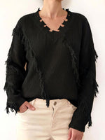 Women's Solid Color V-neck Long-sleeved Casual Loose Tassel Pullover Knit Sweater