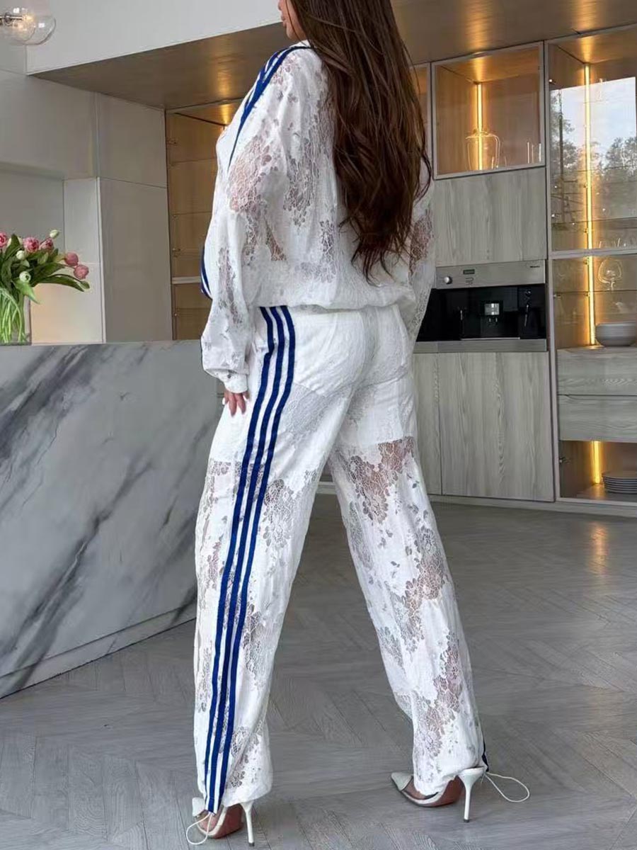 Women's Stand Collar Long Sleeve Casual Loose Color-blocked Lace Cardigan High Waist Wide Leg Pants Set