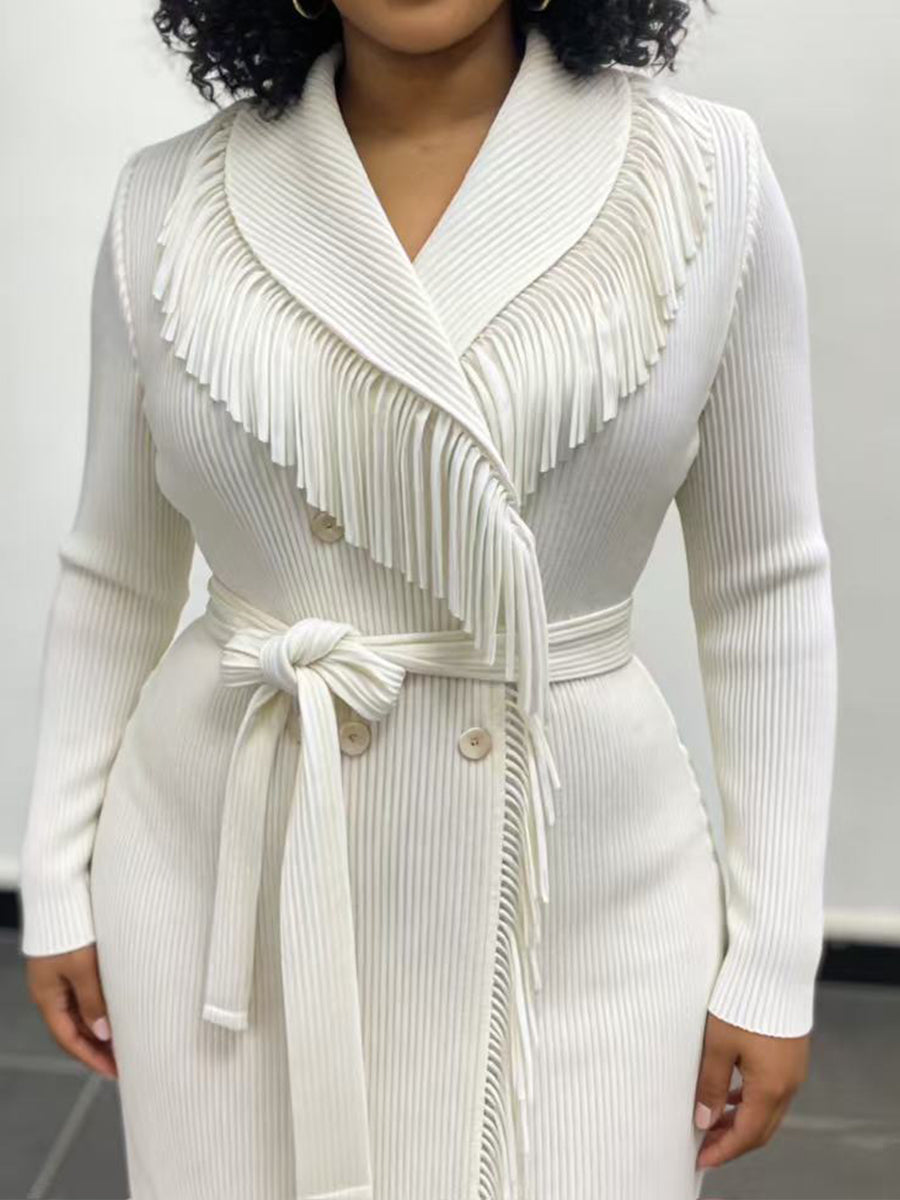 Long Robe In Highly Stretchable, Pleated-texture Fabric Featuring Stylish Tassels And A Lace-up Design.