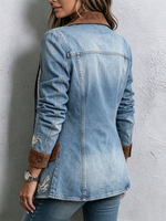 Boho-chic Embroidered Denim Blazer With Faux Suede Trim