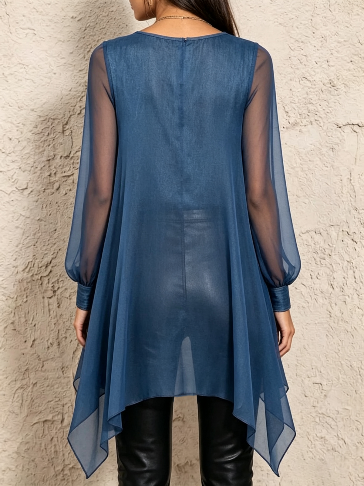 Round-neck Long-sleeve Chiffon Top With An Asymmetrical, Draped Hem (shorter In Front, Longer In Back)