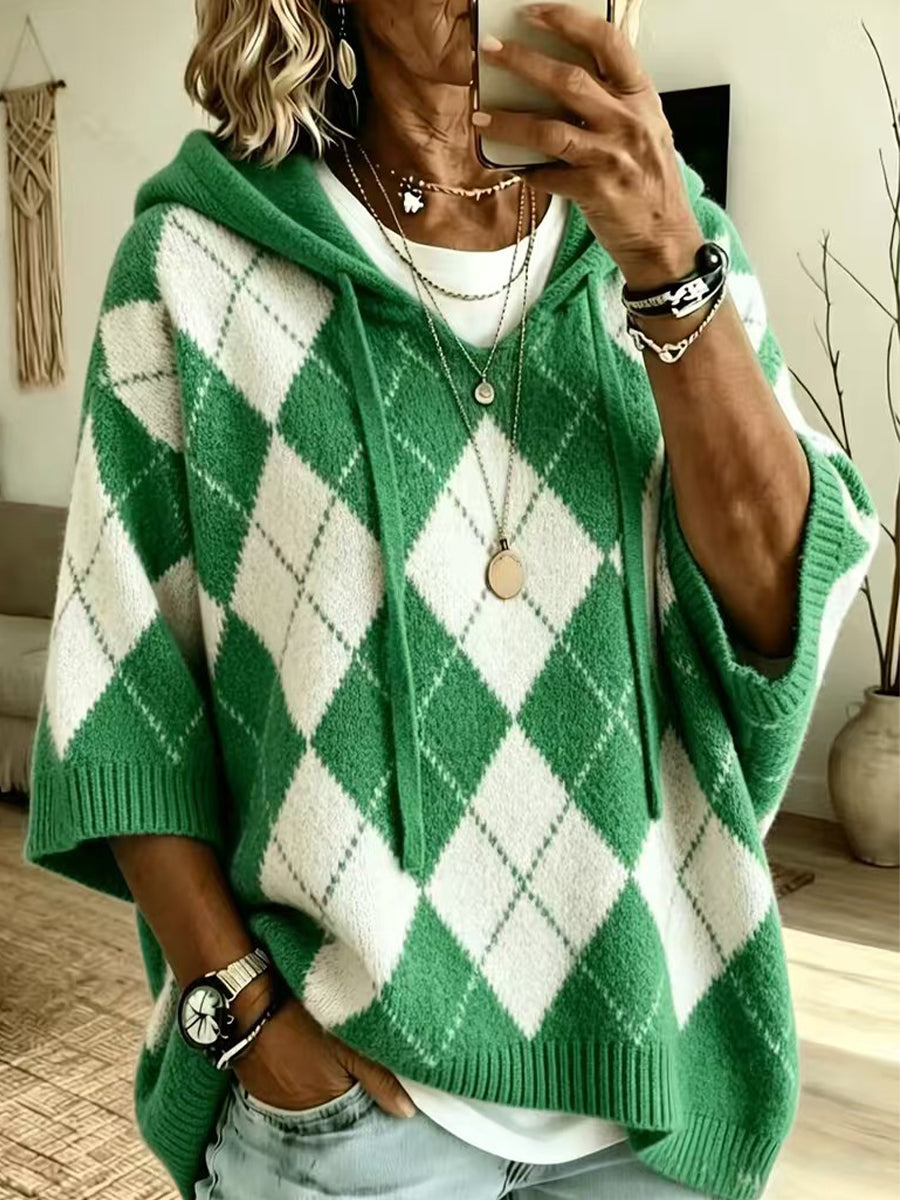 Checked-print Casual Hooded Knit Drawstring Sweatshirt