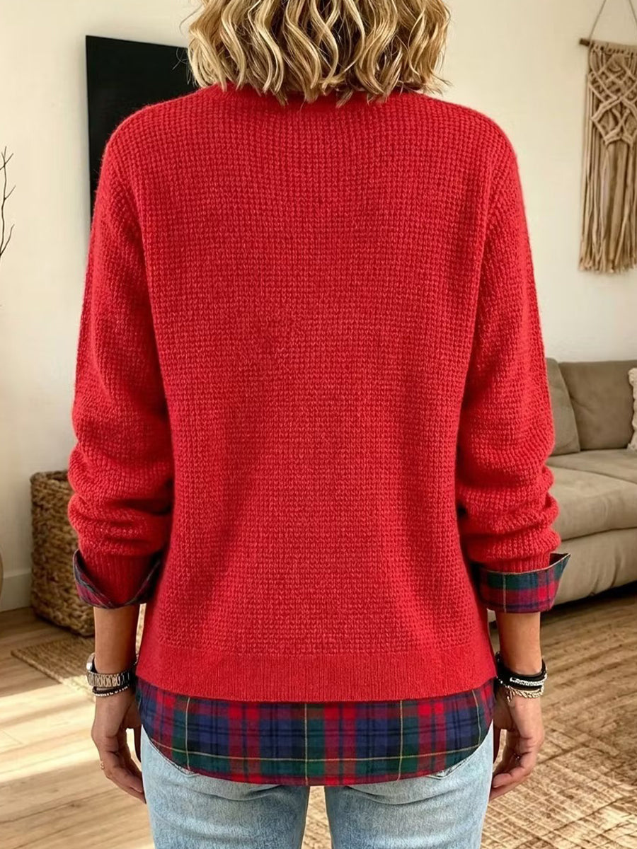 Waffle-knit Faux-layered Plaid-panel Crewneck Sweatshirt