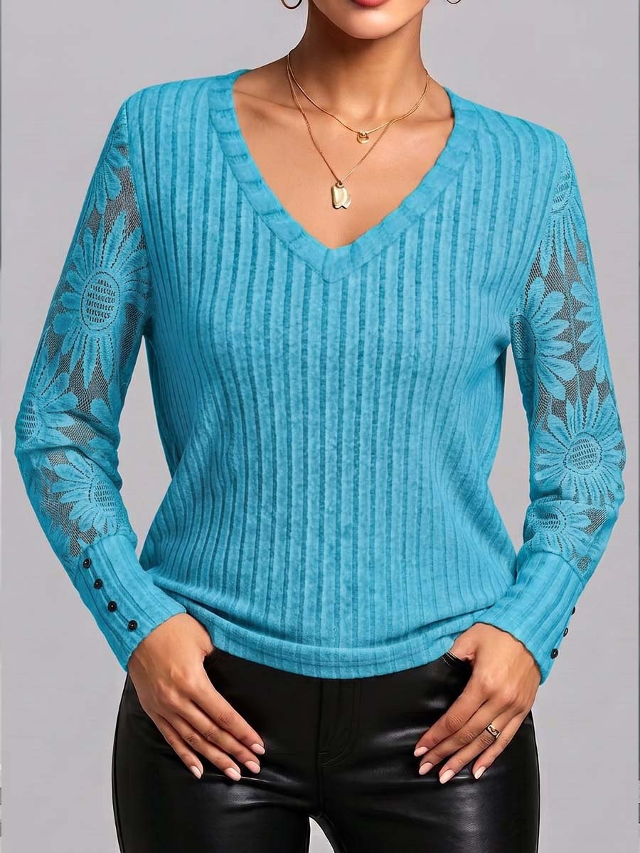 Women's V-neck Lace-trimmed Long-sleeved Casual Loose Pullover Knit Top