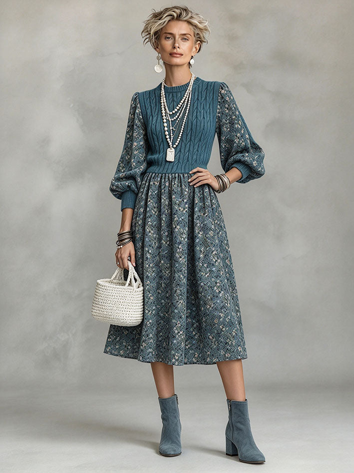Elegant Stylish Blue Floral Patchwork Midi Dress